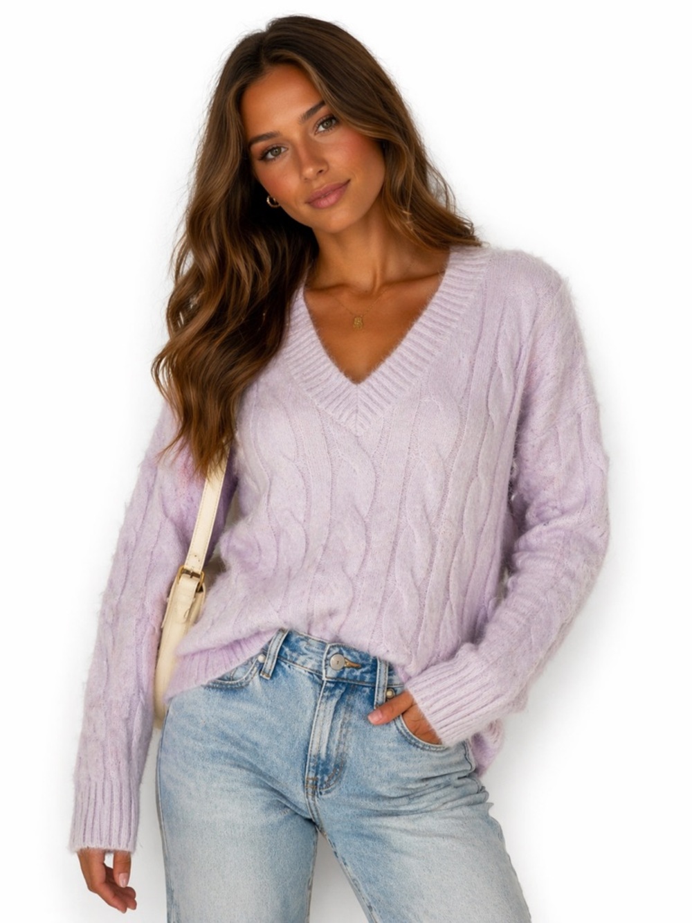 Lucky Brand Lavender Cable Knit Sweater | Soft Fuzzy V-Neck | Cozy Cottagecore